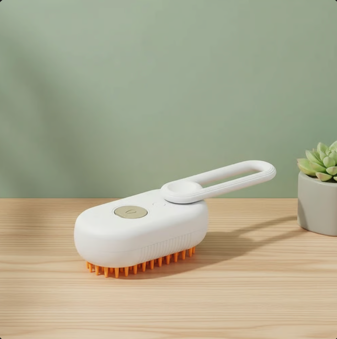 Furmyra SteamGroom Brush — 2-in-1 steam pet grooming brush in use on a dog