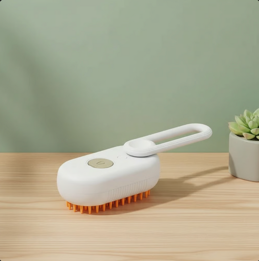 Furmyra SteamGroom Brush — 2-in-1 steam pet grooming brush in use on a dog